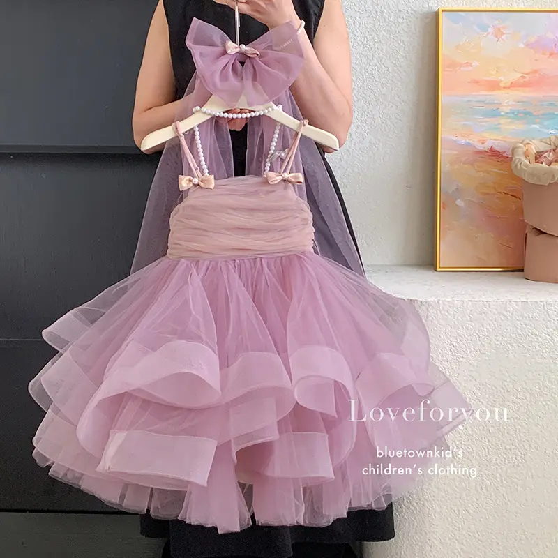 High End Girls Dress Summer 2025 Beautiful Children Suspender Pink Princess Dress Fluffy Mesh Birthday Dress