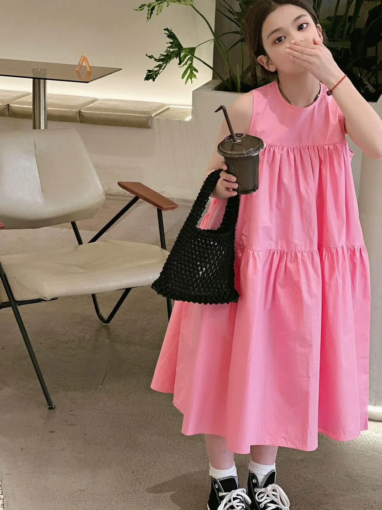 Girls Dresses Korean Children Clothing 2024 Summer New Fashion Cotton Solid Sleeveless O-neck A-line Cute Princess Kids Dress