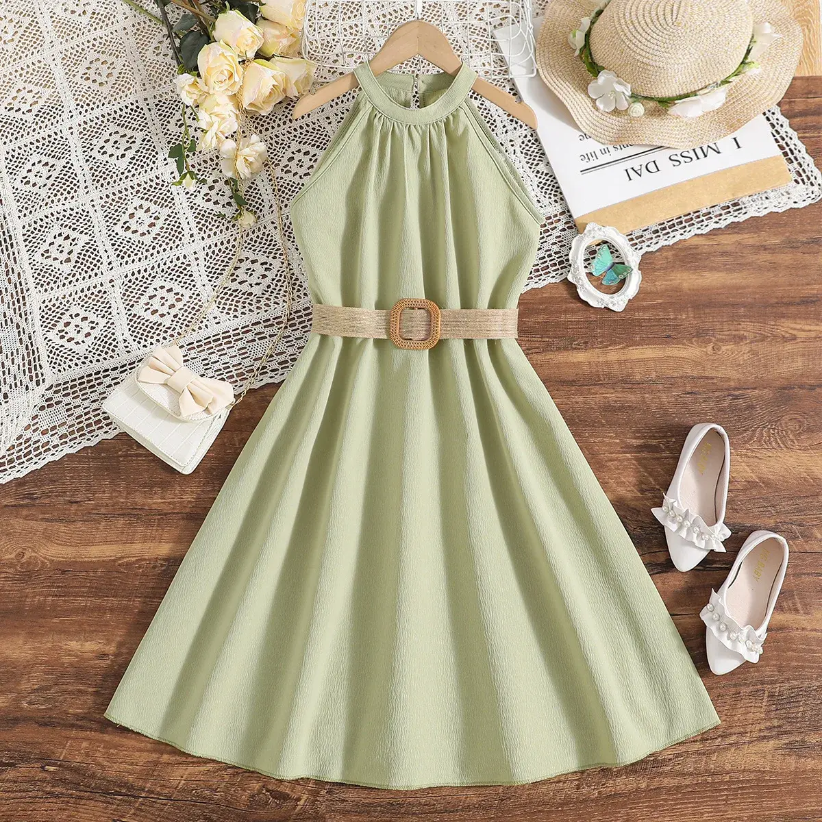 Halter and shoulder princess dress Dress belt summer Casual fashion dress for big girls Everyday clothing Solid color A-line