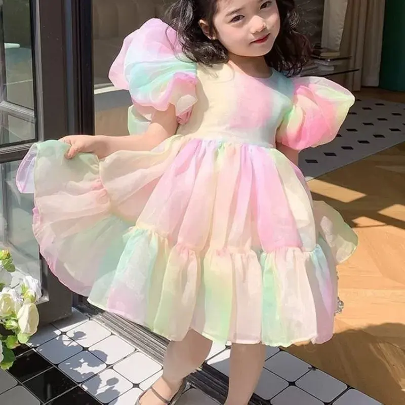 2 3 4 5 6 7 8 Years Girls Princess Tulle Dress Summer Puff Sleeve Mesh Fashion Girls Dress Birthday Party Costumes Kids Clothes