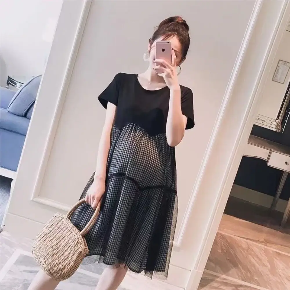 2025 Summer Loose Maternity Fashion Dress Short Sleeve O-Neck Cotton Patchwork Gown Dress Pregnant Woman Loose vestidos