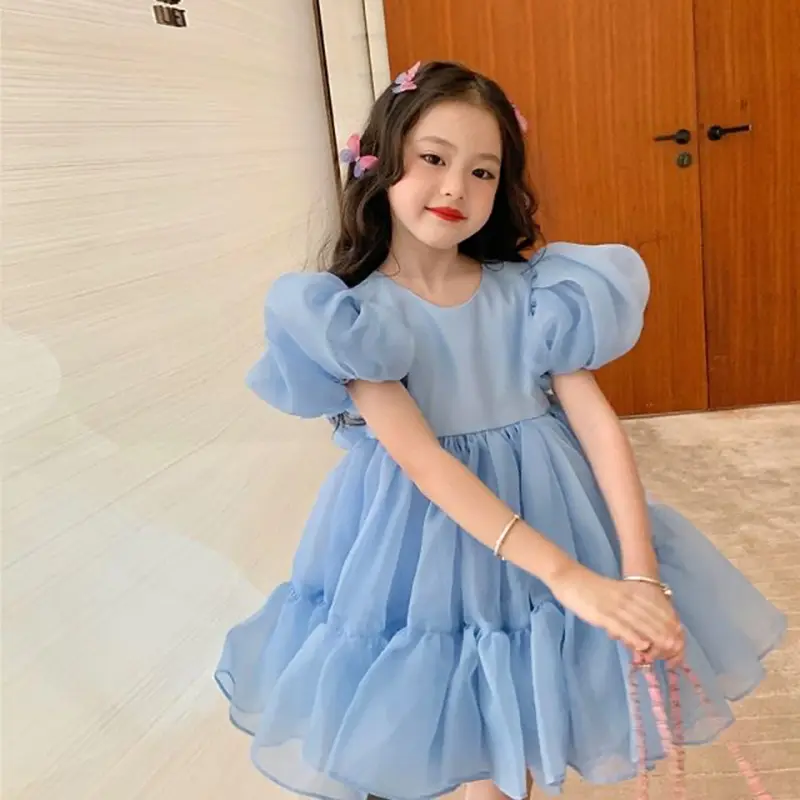 2 3 4 5 6 7 8 Years Girls Princess Tulle Dress Summer Puff Sleeve Mesh Fashion Girls Dress Birthday Party Costumes Kids Clothes