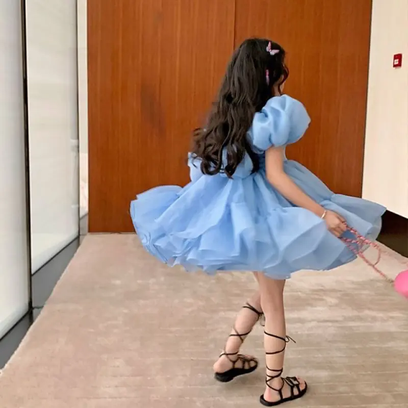 2 3 4 5 6 7 8 Years Girls Princess Tulle Dress Summer Puff Sleeve Mesh Fashion Girls Dress Birthday Party Costumes Kids Clothes