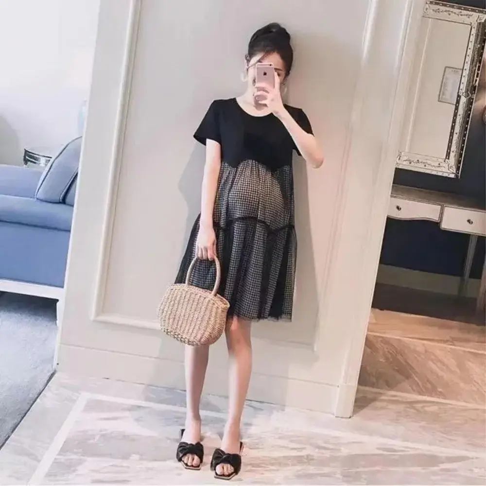 2025 Summer Loose Maternity Fashion Dress Short Sleeve O-Neck Cotton Patchwork Gown Dress Pregnant Woman Loose vestidos