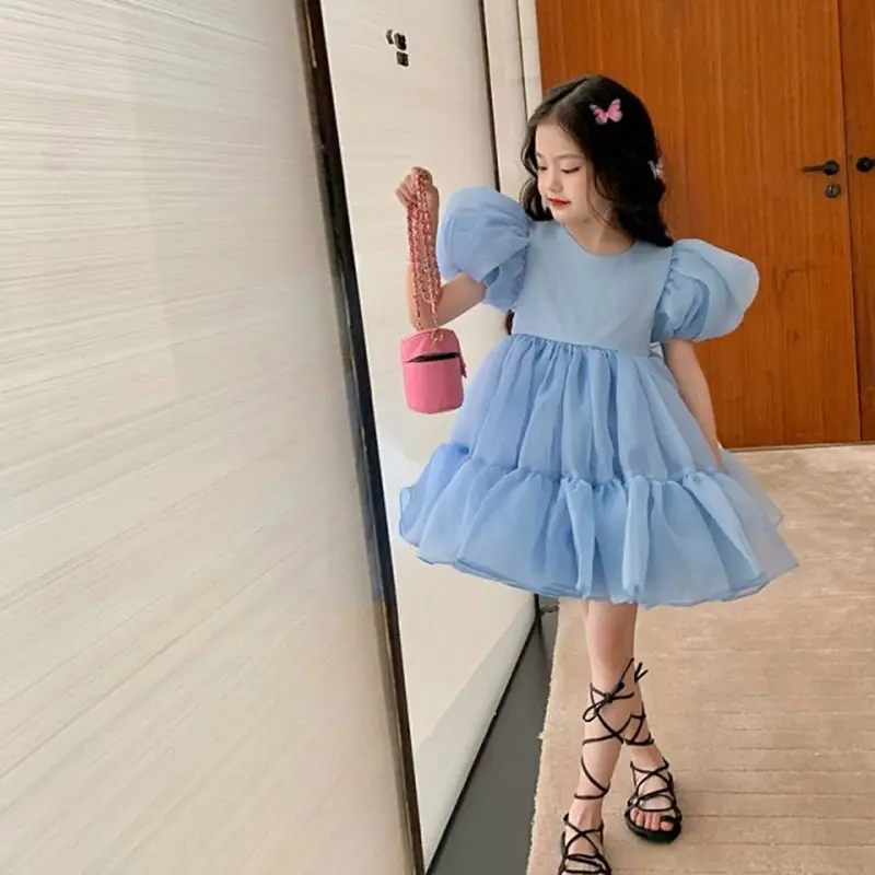 2 3 4 5 6 7 8 Years Girls Princess Tulle Dress Summer Puff Sleeve Mesh Fashion Girls Dress Birthday Party Costumes Kids Clothes