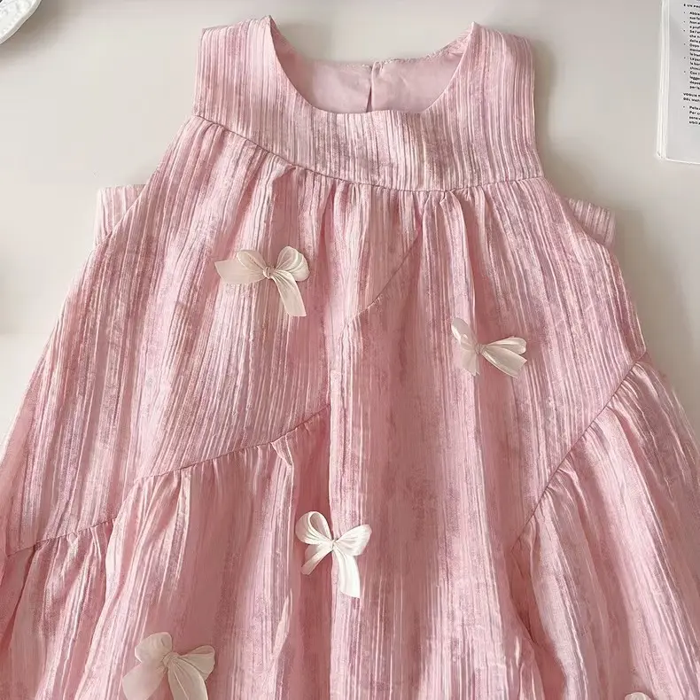 Girls' Dress 2025 Summer New Korean Version Sleeveless Bow Pink Dress Cute Princess Dress for Girls