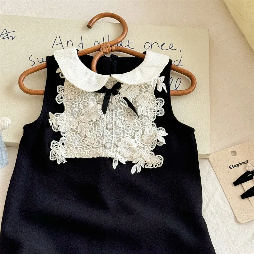 Bear Leader Korean Version Black and White Fashionable Girls' Casual Clothes Summer New Item Doll Collar Lace Sleeveless Dress
