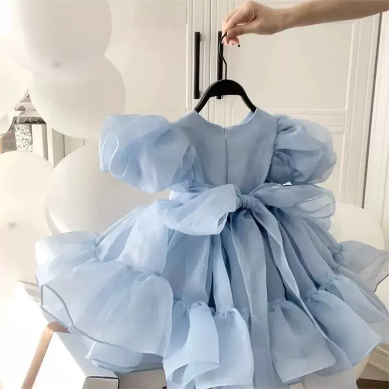 2 3 4 5 6 7 8 Years Girls Princess Tulle Dress Summer Puff Sleeve Mesh Fashion Girls Dress Birthday Party Costumes Kids Clothes