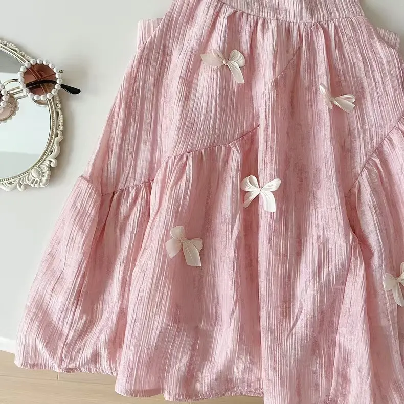 Girls' Dress 2025 Summer New Korean Version Sleeveless Bow Pink Dress Cute Princess Dress for Girls