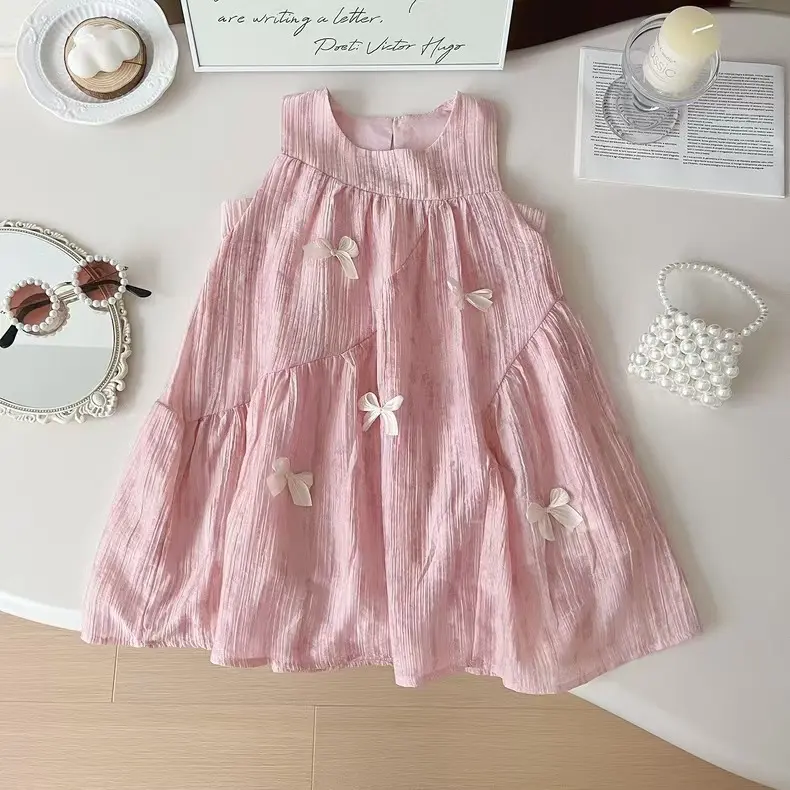 Girls' Dress 2025 Summer New Korean Version Sleeveless Bow Pink Dress Cute Princess Dress for Girls