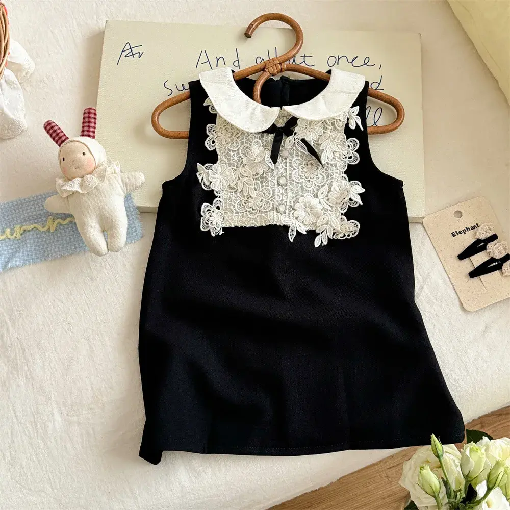Bear Leader Korean Version Black and White Fashionable Girls' Casual Clothes Summer New Item Doll Collar Lace Sleeveless Dress