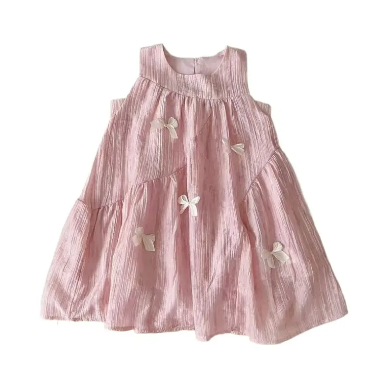 Girls' Dress 2025 Summer New Korean Version Sleeveless Bow Pink Dress Cute Princess Dress for Girls