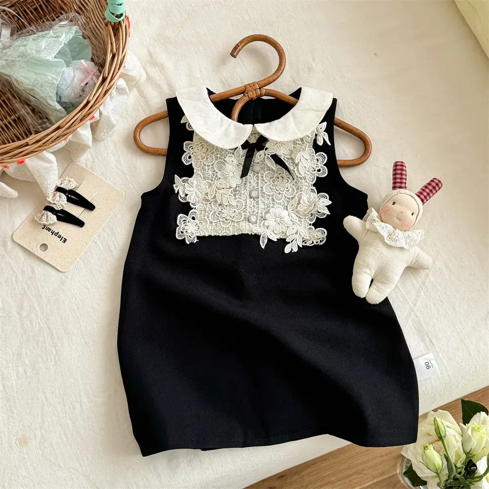 Bear Leader Korean Version Black and White Fashionable Girls' Casual Clothes Summer New Item Doll Collar Lace Sleeveless Dress