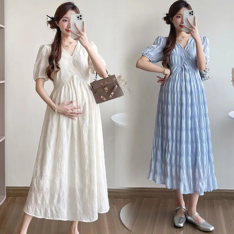 French Style Summer Maternity Pleated Dress High Waist V-neck Short Sleeve Pregnant Woman Elegant Dress Pregnancy Clothes Loose