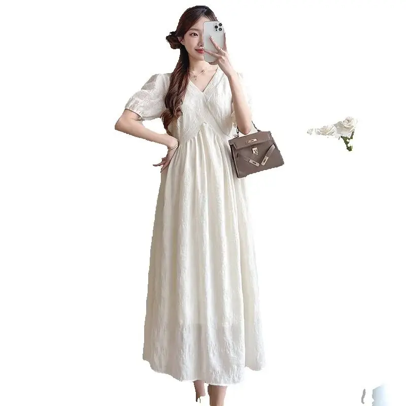 French Style Summer Maternity Pleated Dress High Waist V-neck Short Sleeve Pregnant Woman Elegant Dress Pregnancy Clothes Loose