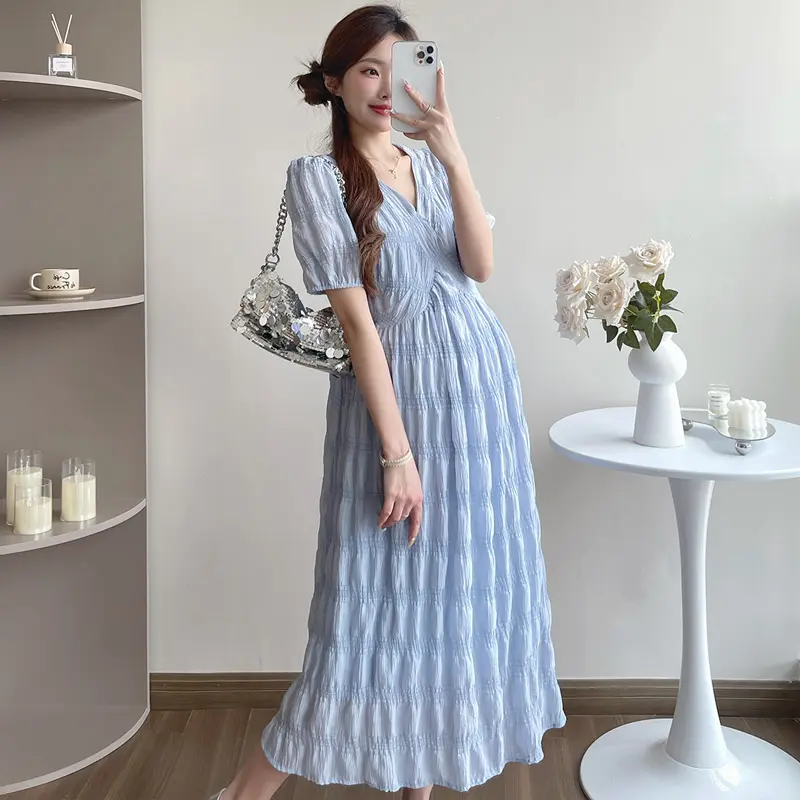 French Style Summer Maternity Pleated Dress High Waist V-neck Short Sleeve Pregnant Woman Elegant Dress Pregnancy Clothes Loose