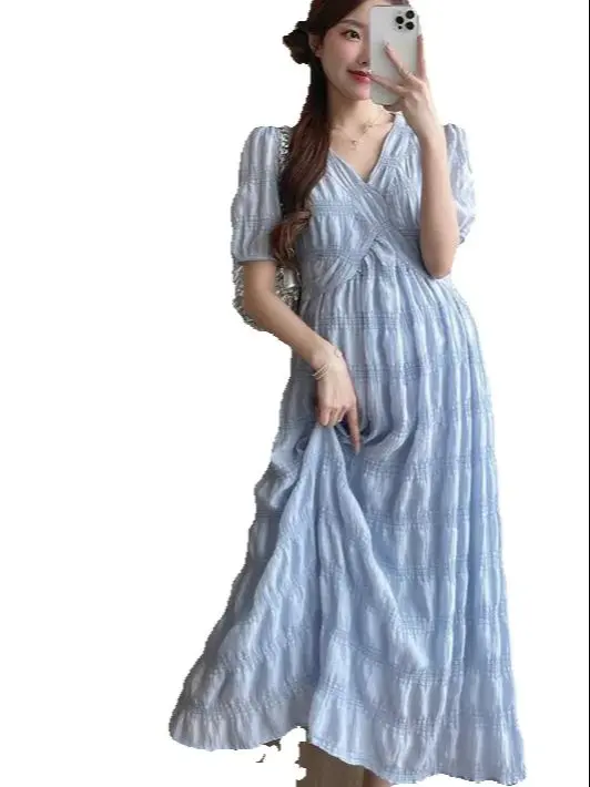 French Style Summer Maternity Pleated Dress High Waist V-neck Short Sleeve Pregnant Woman Elegant Dress Pregnancy Clothes Loose