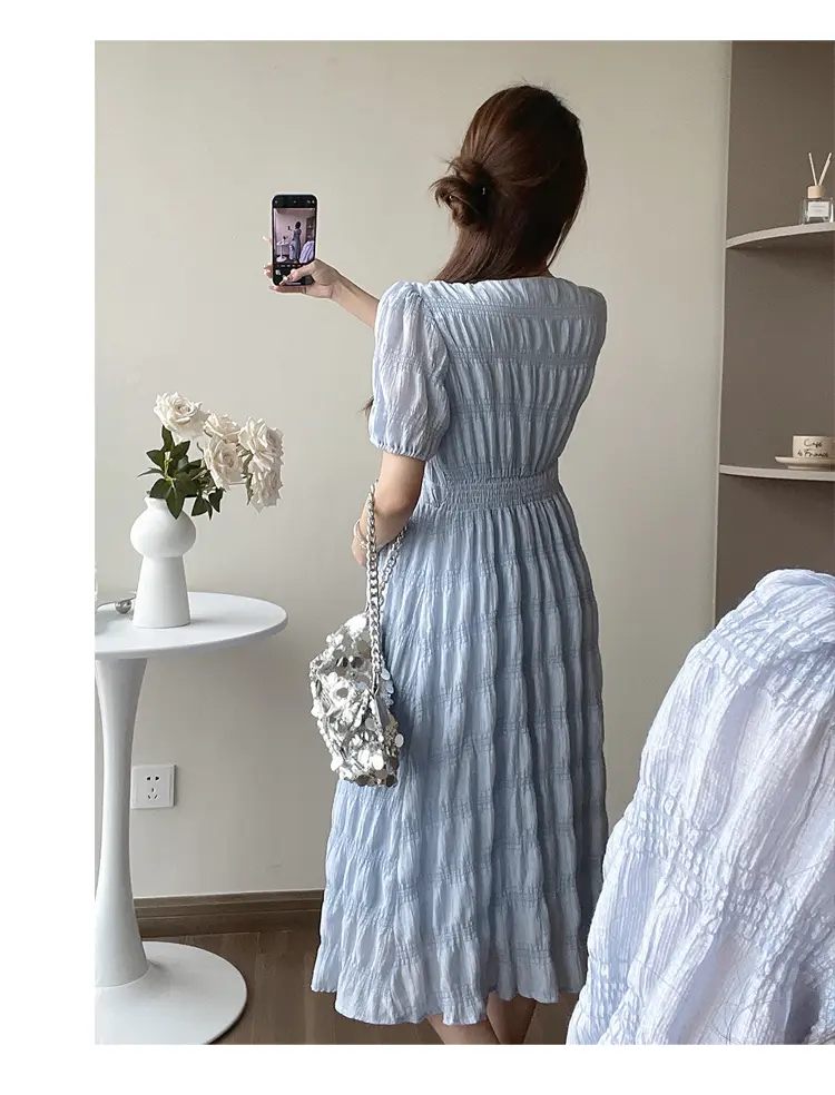 French Style Summer Maternity Pleated Dress High Waist V-neck Short Sleeve Pregnant Woman Elegant Dress Pregnancy Clothes Loose