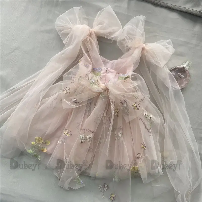 Boutique Baby Girl Forest Summer Dress Floral Bows Embroidery Ballerina Dance Performance Dress Girls Tutus Clothes Stock