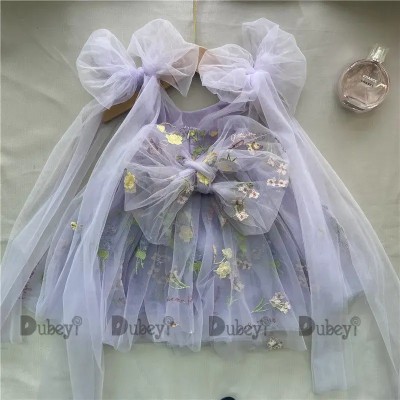 Boutique Baby Girl Forest Summer Dress Floral Bows Embroidery Ballerina Dance Performance Dress Girls Tutus Clothes Stock