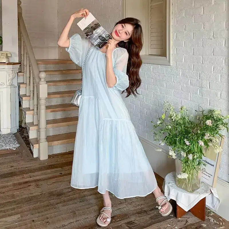 French Style Pregnant Woman Beach Dress Puff Sleeve Long Loose Maternity Sweet Holiday Dress Plus Size Ball Gown Chiffon Dresses