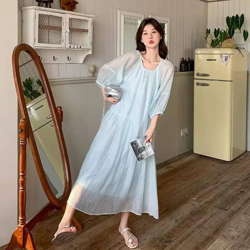 French Style Pregnant Woman Beach Dress Puff Sleeve Long Loose Maternity Sweet Holiday Dress Plus Size Ball Gown Chiffon Dresses
