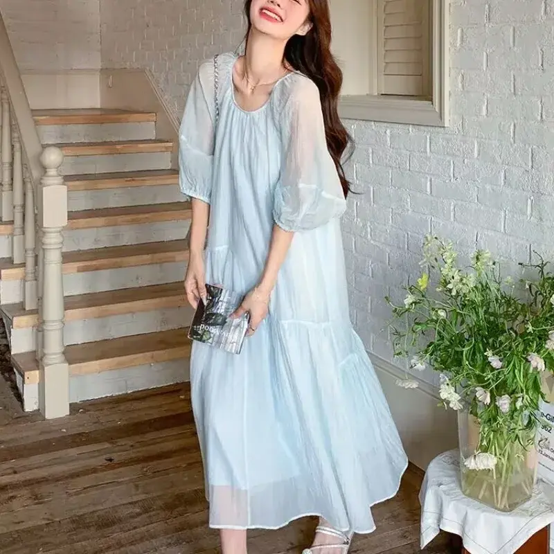 French Style Pregnant Woman Beach Dress Puff Sleeve Long Loose Maternity Sweet Holiday Dress Plus Size Ball Gown Chiffon Dresses