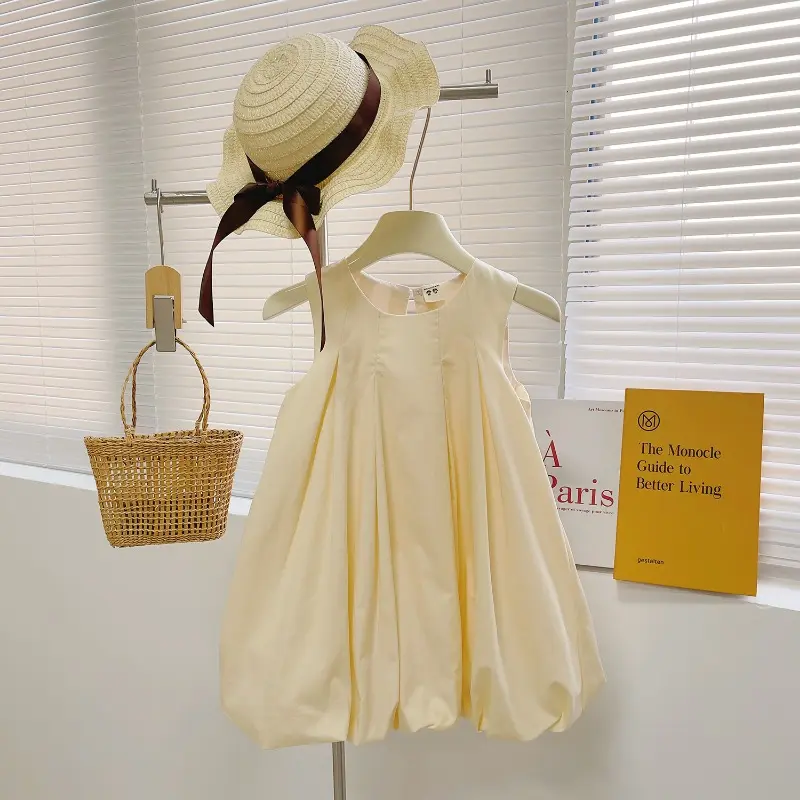 Simplicity and Western-style Princess Dress Girls' Solid Color Pleated Flower Bud Temperament Vest Dress Summer New Style