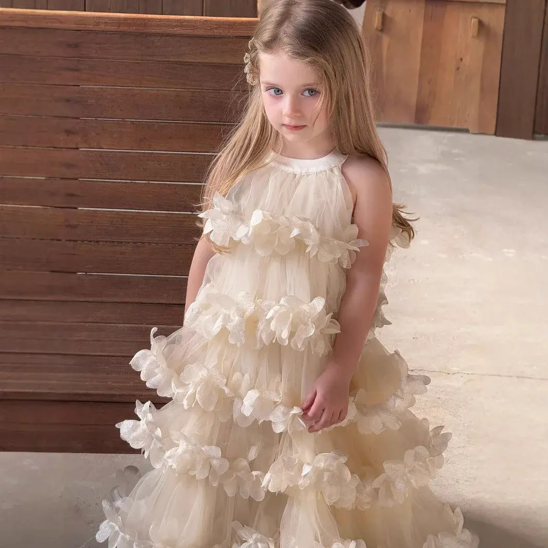 New Children Clothing Girls  Flower Layered Long Dress Korean Princess Dress 2025 Spring Summer  girl dress