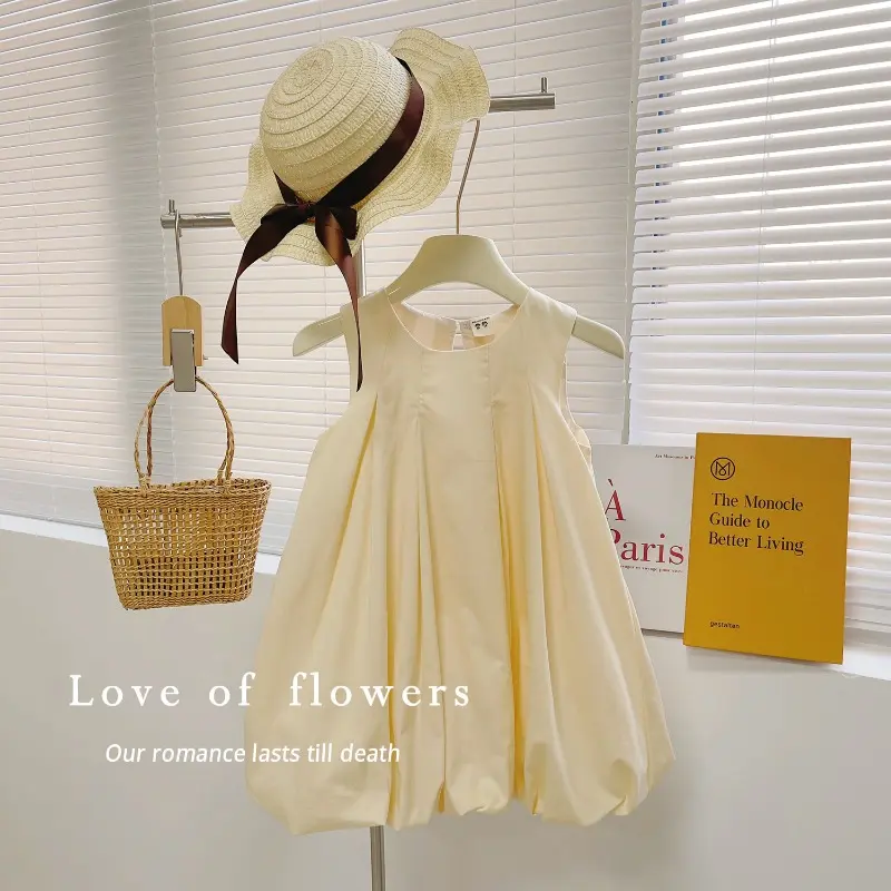 Simplicity and Western-style Princess Dress Girls' Solid Color Pleated Flower Bud Temperament Vest Dress Summer New Style
