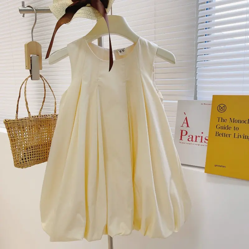 Simplicity and Western-style Princess Dress Girls' Solid Color Pleated Flower Bud Temperament Vest Dress Summer New Style