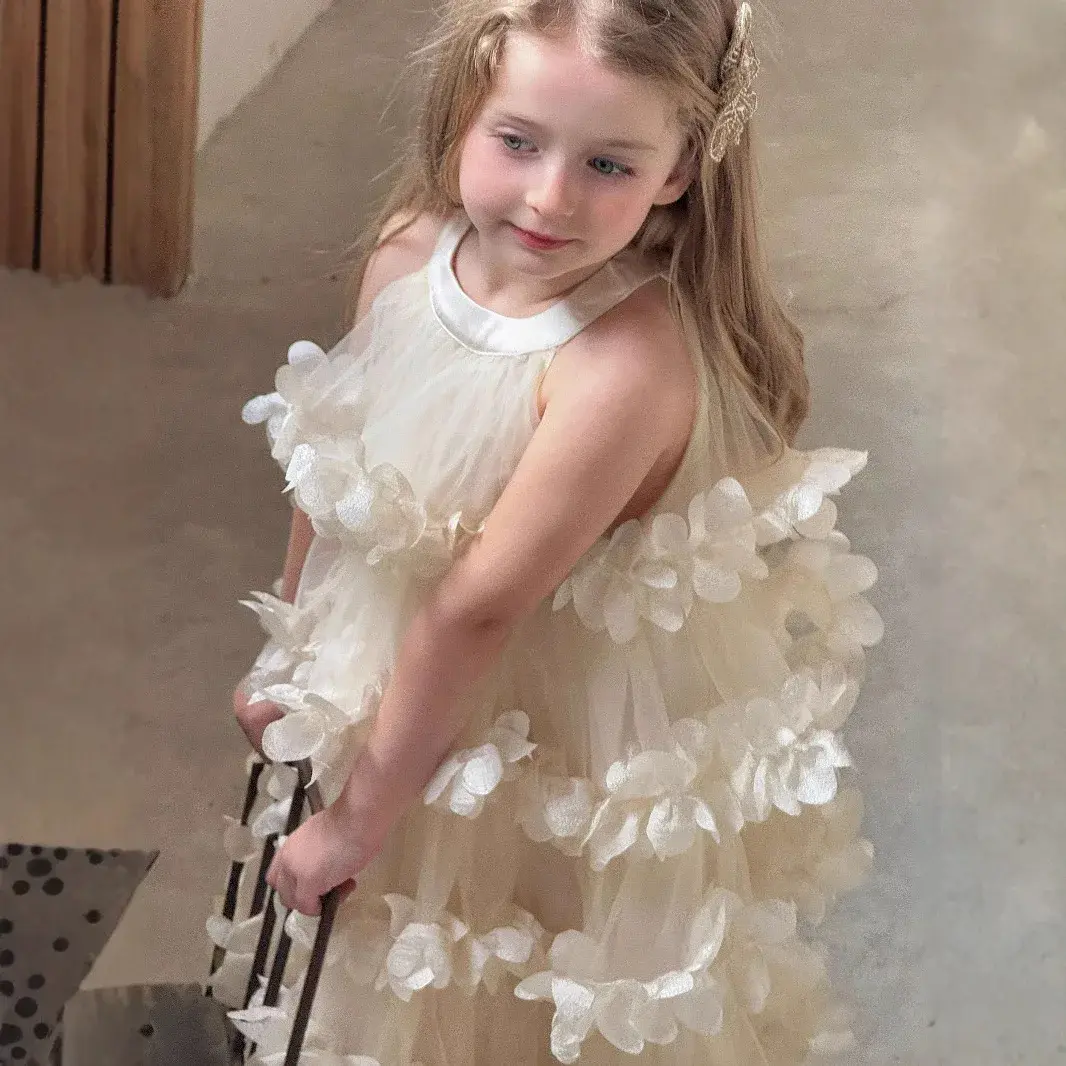 New Children Clothing Girls  Flower Layered Long Dress Korean Princess Dress 2025 Spring Summer  girl dress