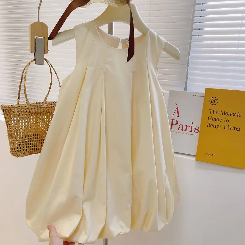 Simplicity and Western-style Princess Dress Girls' Solid Color Pleated Flower Bud Temperament Vest Dress Summer New Style