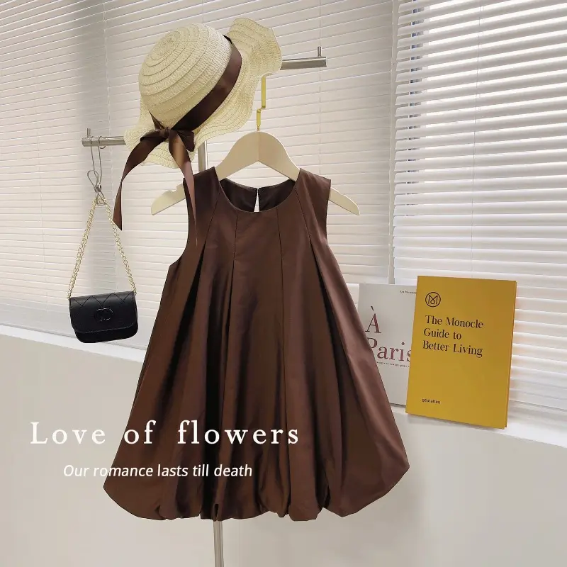 Simplicity and Western-style Princess Dress Girls' Solid Color Pleated Flower Bud Temperament Vest Dress Summer New Style