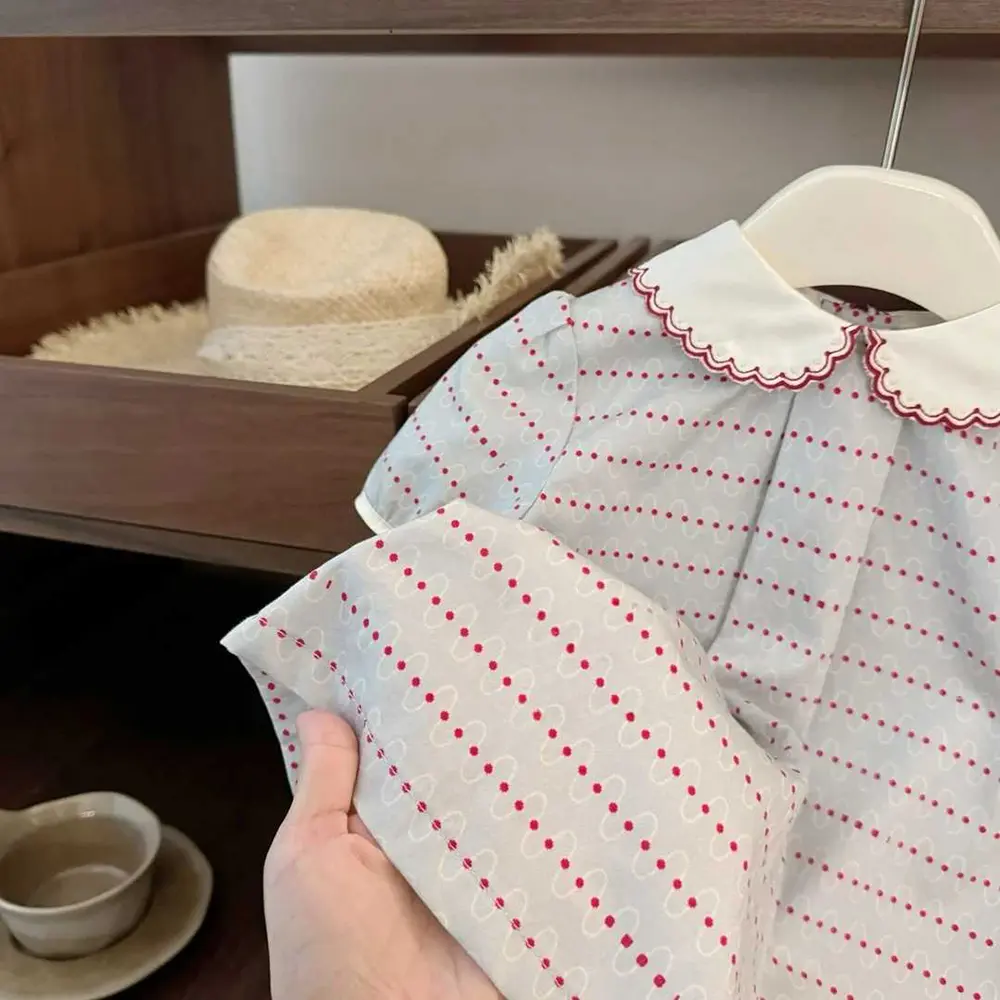 Cute Doll Collar Princess Girls Dress 2025 New Summer Embroidered Short Sleeve A-line Kids Dresses Korean Style Children Clothes