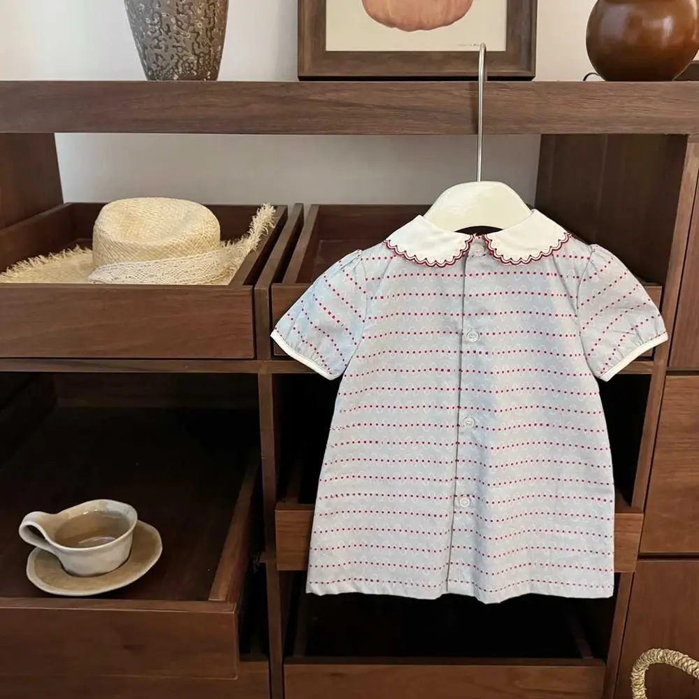 Cute Doll Collar Princess Girls Dress 2025 New Summer Embroidered Short Sleeve A-line Kids Dresses Korean Style Children Clothes