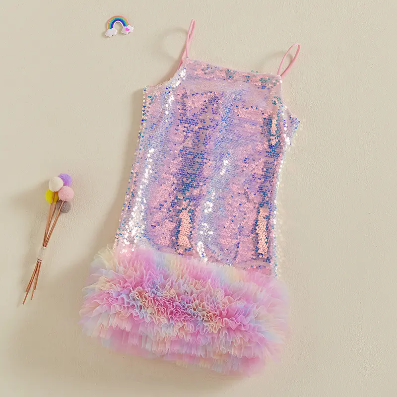 Children Kids Girls Dress Sequins Layered Mesh Ruffles Sleeveless Spaghetti Strap Casual Dress Toddler Summer Princess Dress