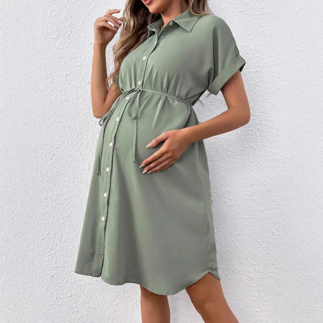 Maternity Dresses Photoshoot Women Clothes Summer Striped Short Sleeve Pregnant Button-down Casual Dress Fashion Shirt Clothing