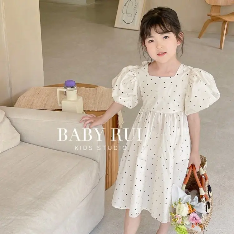 Girls' Korean Style Polka Dot Backless Dress 2025 Summer Outfit New Baby Bubble Sleeve Princess Dress Trend