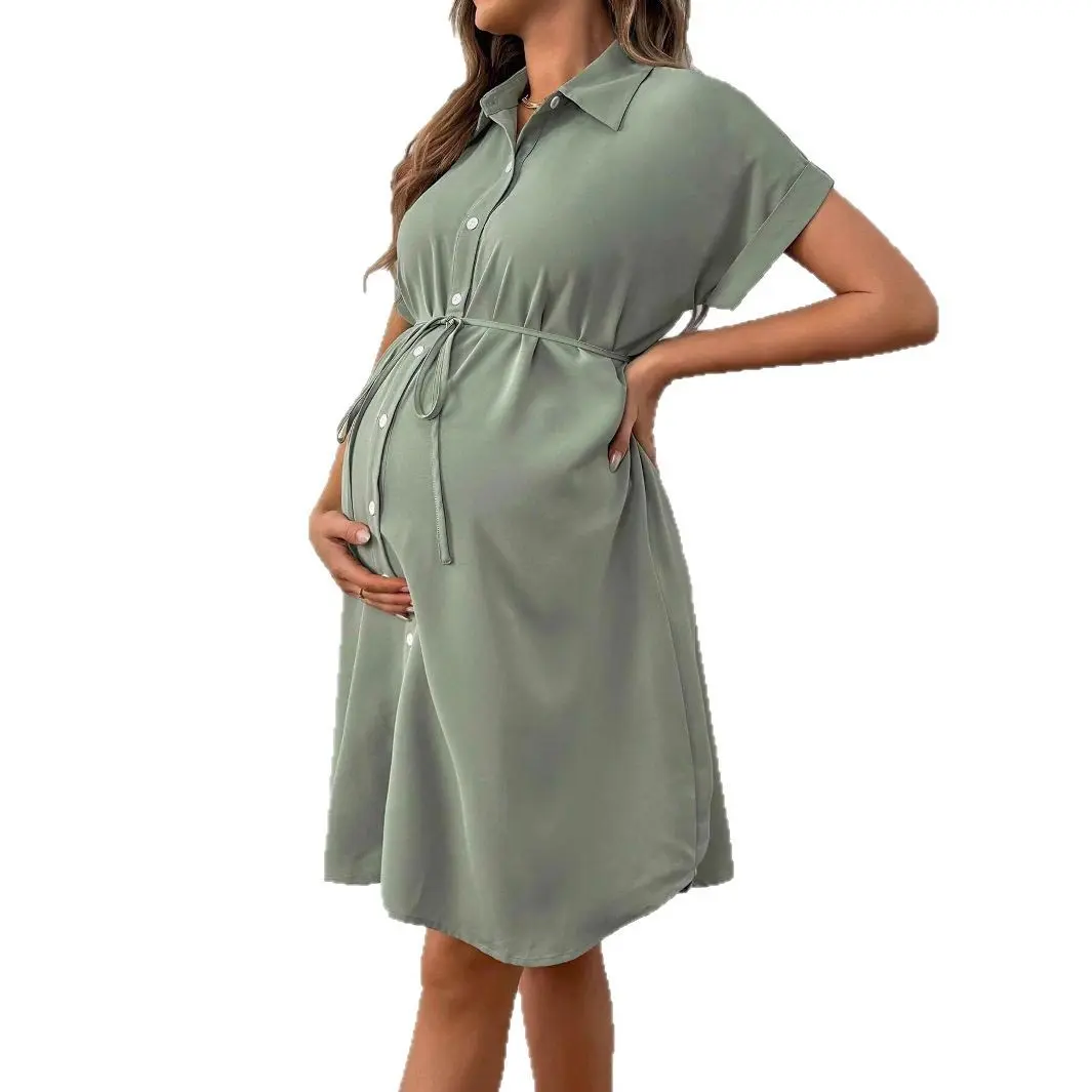 Maternity Dresses Photoshoot Women Clothes Summer Striped Short Sleeve Pregnant Button-down Casual Dress Fashion Shirt Clothing
