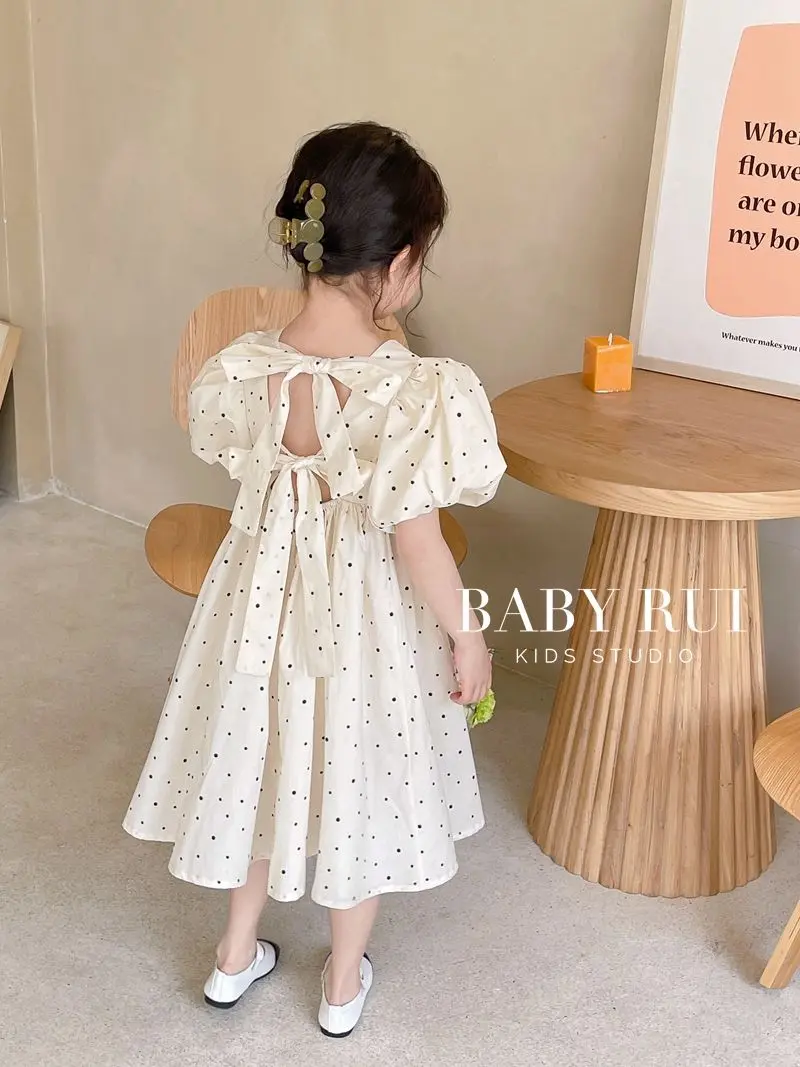 Girls' Korean Style Polka Dot Backless Dress 2025 Summer Outfit New Baby Bubble Sleeve Princess Dress Trend