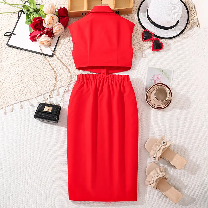 Red Dress For Preteen Girls Chic 2025 Summer New Openwork Waist Elegant Style Girls Dress Sweet Style Ootd Dating Festival Dress
