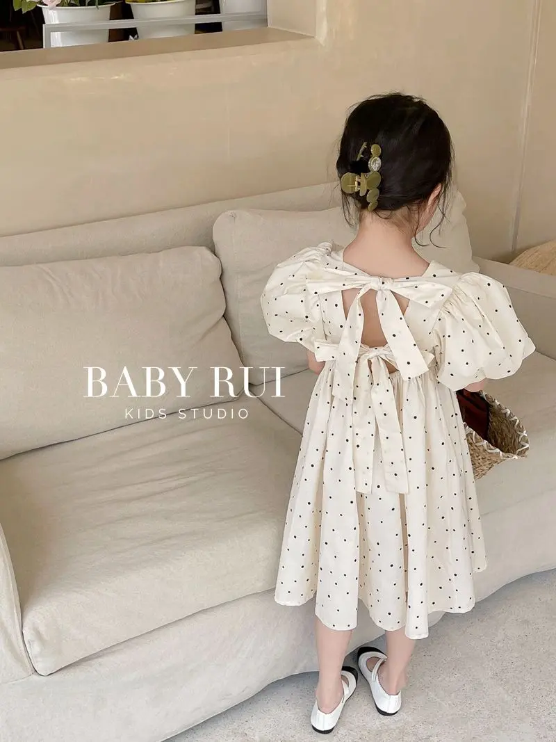 Girls' Korean Style Polka Dot Backless Dress 2025 Summer Outfit New Baby Bubble Sleeve Princess Dress Trend