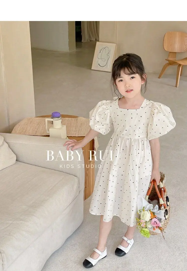 Girls' Korean Style Polka Dot Backless Dress 2025 Summer Outfit New Baby Bubble Sleeve Princess Dress Trend