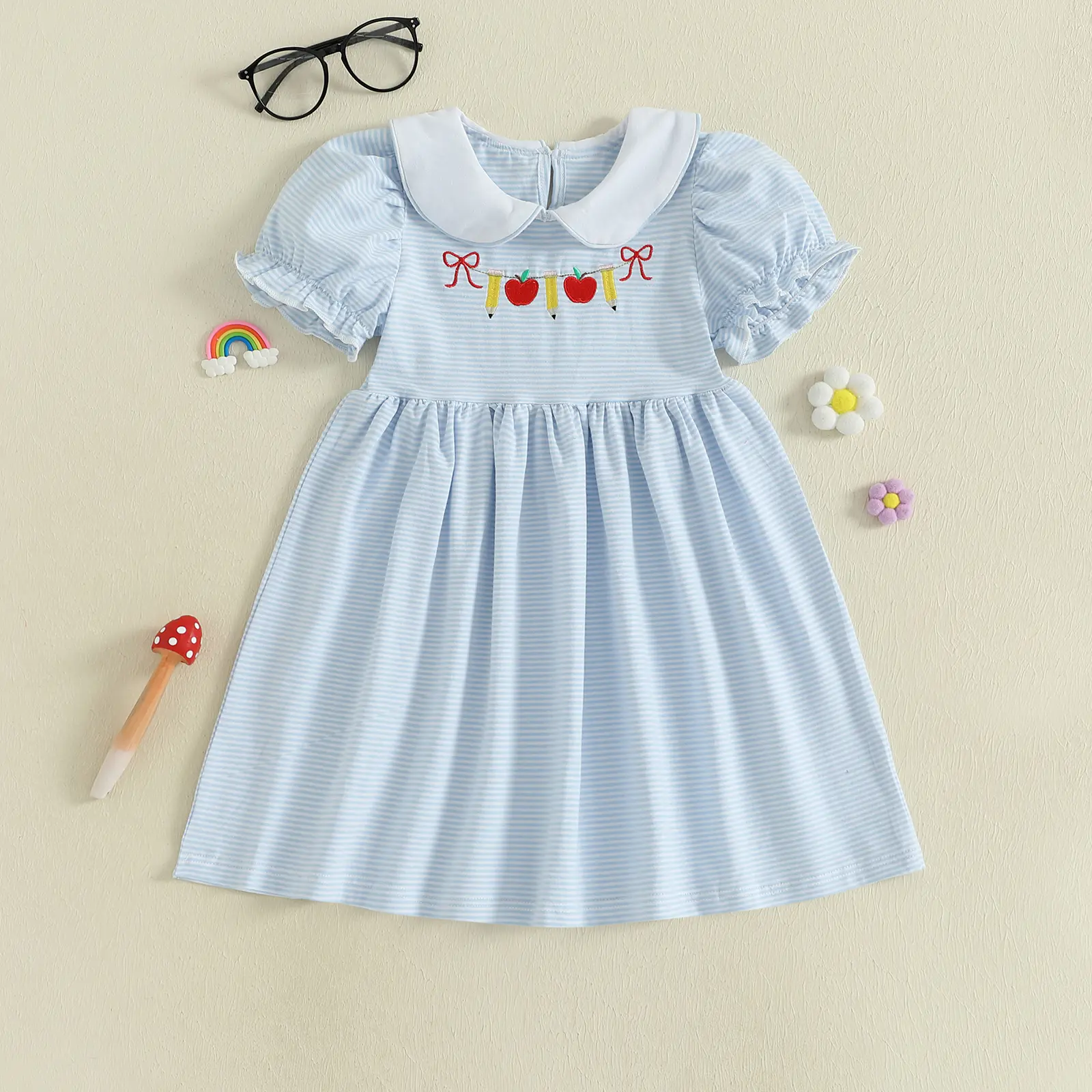 Girl Back to School Dress Striped Apple Pencil Embroidered Doll Collar Short Sleeve A-line Dress Cute Toddler Summer Clothes