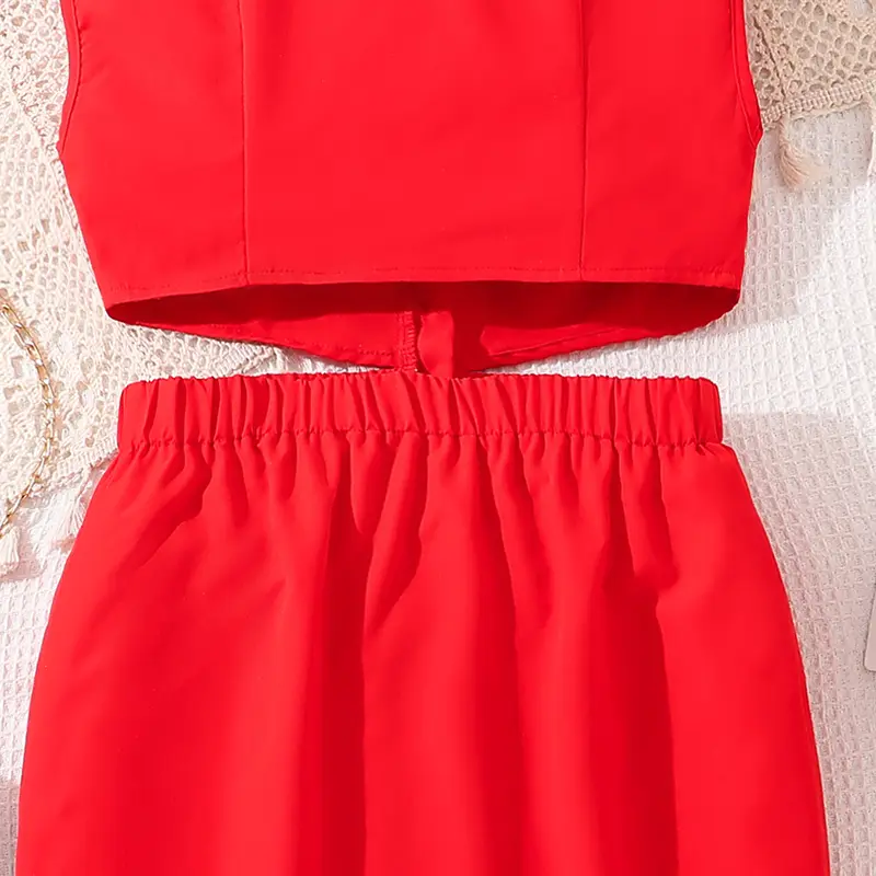 Red Dress For Preteen Girls Chic 2025 Summer New Openwork Waist Elegant Style Girls Dress Sweet Style Ootd Dating Festival Dress