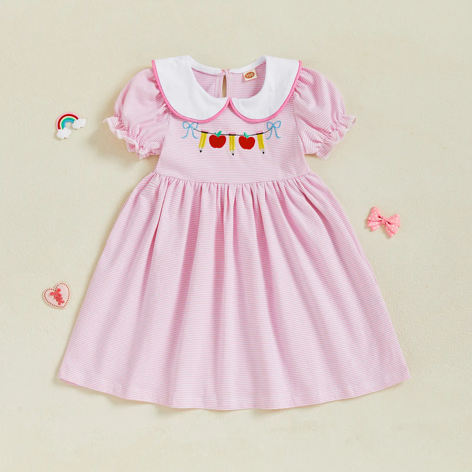 Girl Back to School Dress Striped Apple Pencil Embroidered Doll Collar Short Sleeve A-line Dress Cute Toddler Summer Clothes