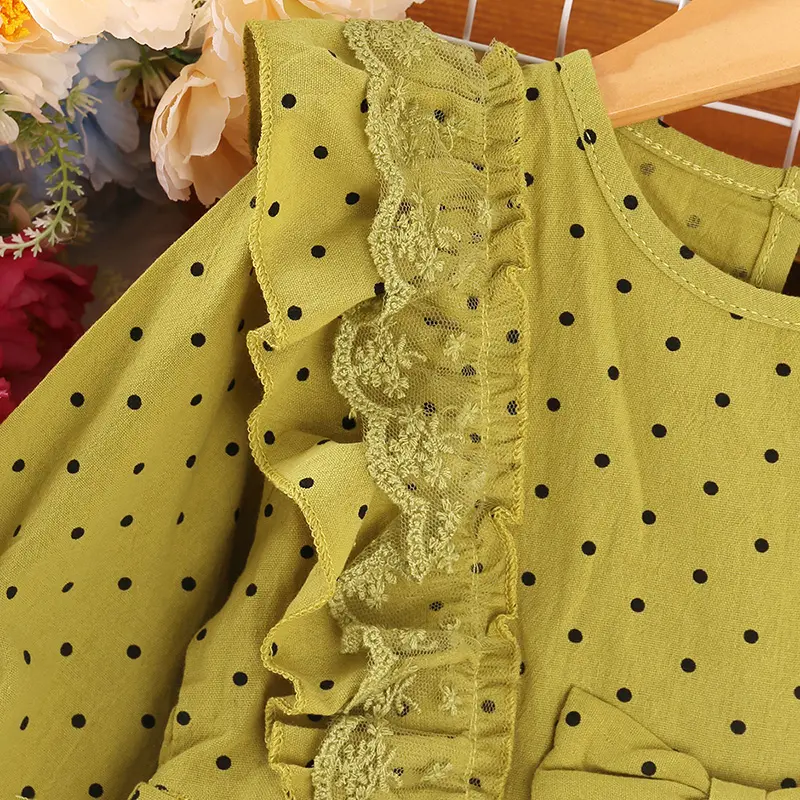 New Spring Autumn Girl's Net Gauze Lace Splicing Long-Sleeved Dress Polka Dot Cute Skirt Casual Kids Children Loose Comfortable