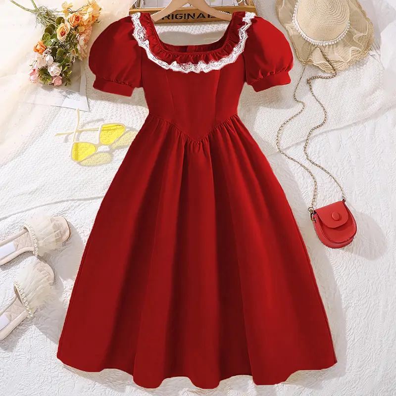 Children's Dress Solid Color Square-Neck Short-Sleeved Princess Dress Brief Elegant Style Loose Comfortable Stylish Girl Clothes