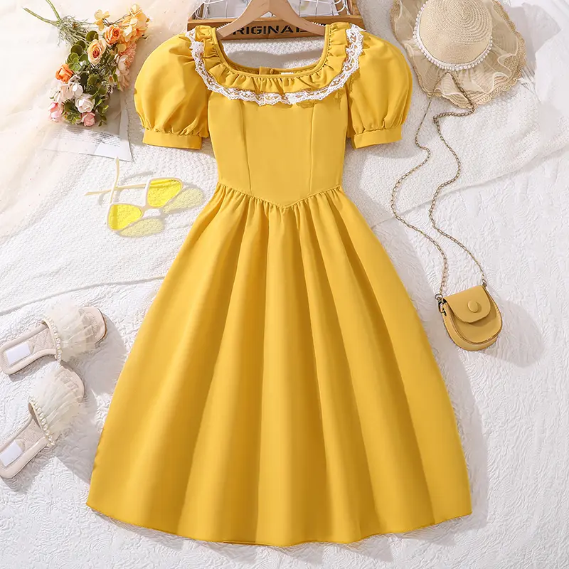 Children's Dress Solid Color Square-Neck Short-Sleeved Princess Dress Brief Elegant Style Loose Comfortable Stylish Girl Clothes